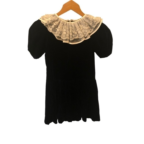 Vintage VTG Girls Bambina Silk Velvet Midnight Blue Dress SS Lace Yolk 6X Flaw - Picture 1 of 8